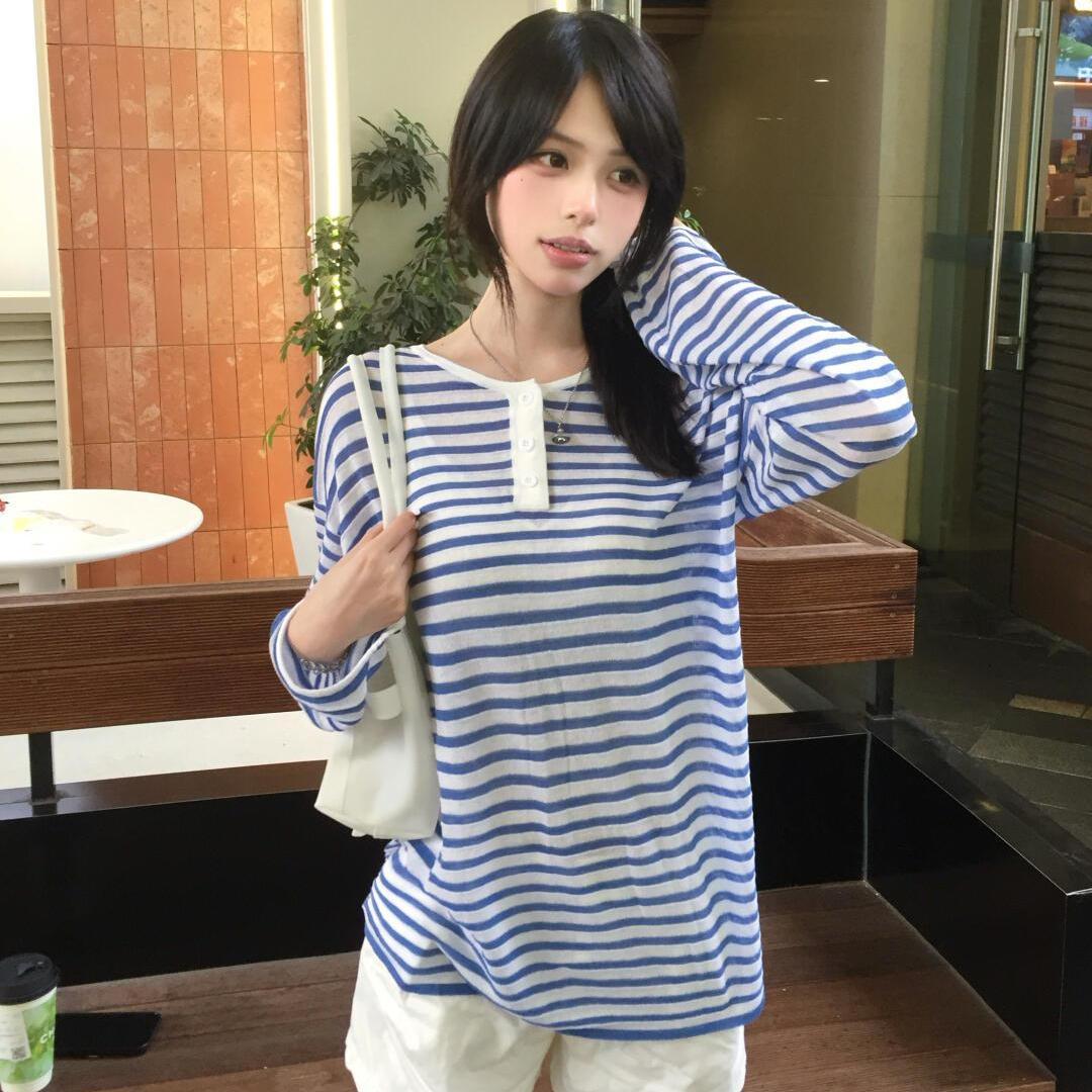 Women Fashion Korean - Kimotimo Women Blue White Striped Loose