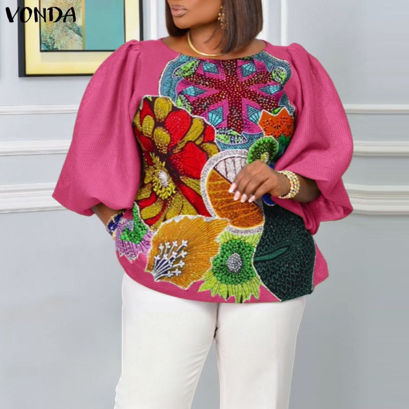 Plus Size 5XL VONDA Women Fash - Puff Sleeve Blouse 评论和价格